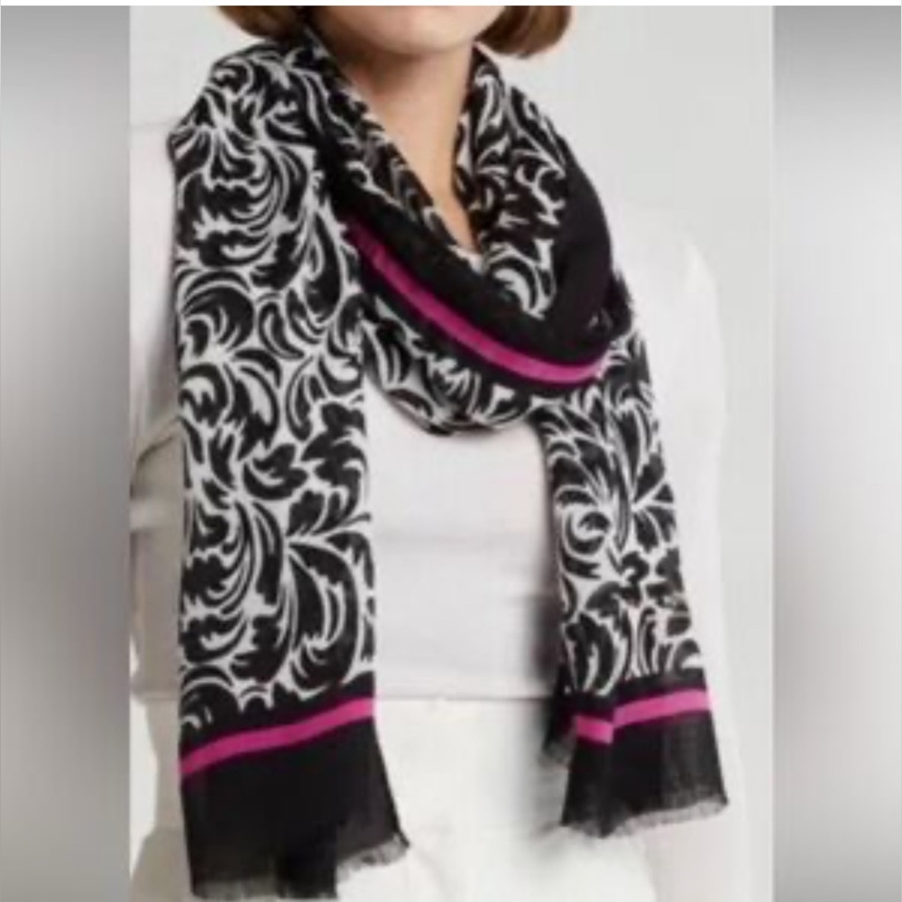 Kate Spade Oblong Black Flourish Swirl with Bright Pink Stripe Scarf 31”x84”NWT